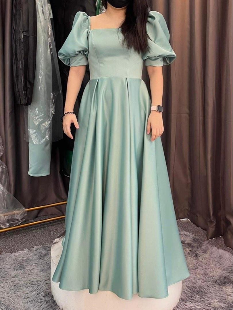 Sage Green Bridesmaid Long Gown Adjustable Puff Sleeves, Women's
