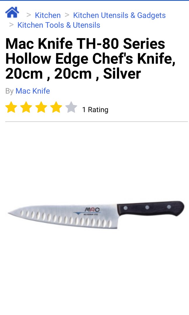 mac knife th-80 series hollow edge chef's knife, 8-inch, 8 inch, silver