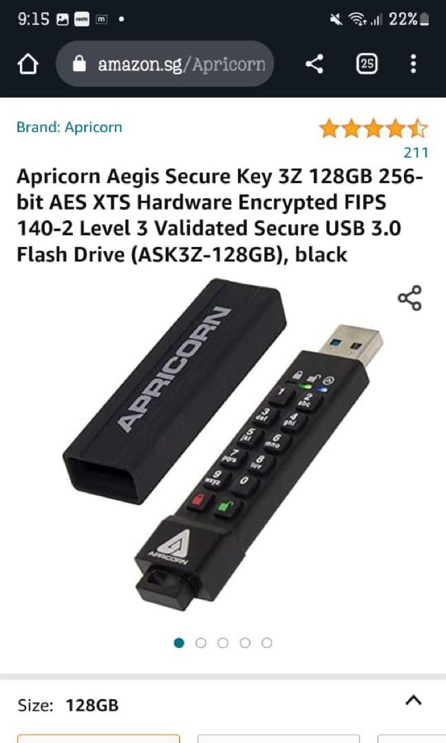 Apricorn Apricorn Aegis Secure Key 3Z 128GB 256-bit AES XTS Hardware  Encrypted FIPS 140-2 Level Validated Secure USB 3.0 Flash Drive  (ASK3Z-128GB)