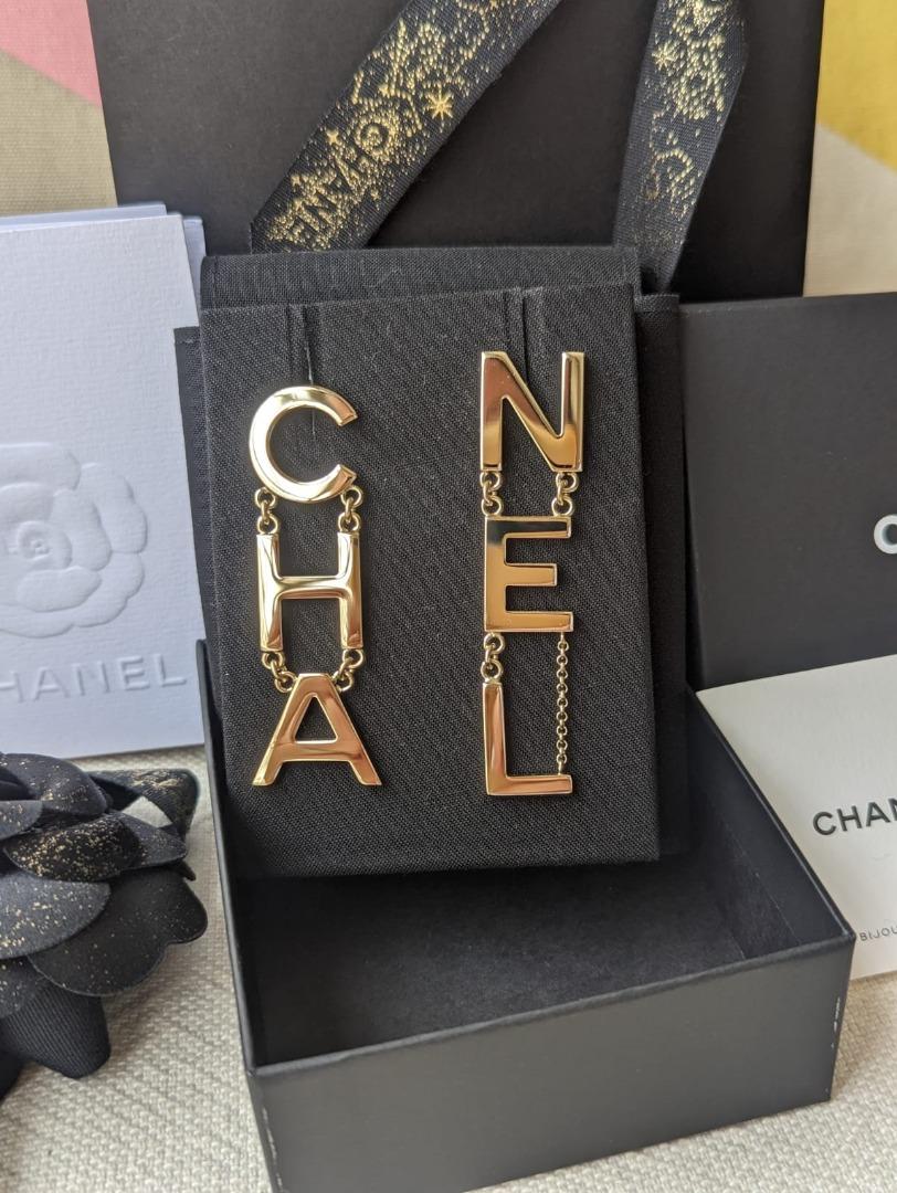 Chanel Enamel Letter CHA-NEL Logo Drop Earrings XL Black /gold /white NWT