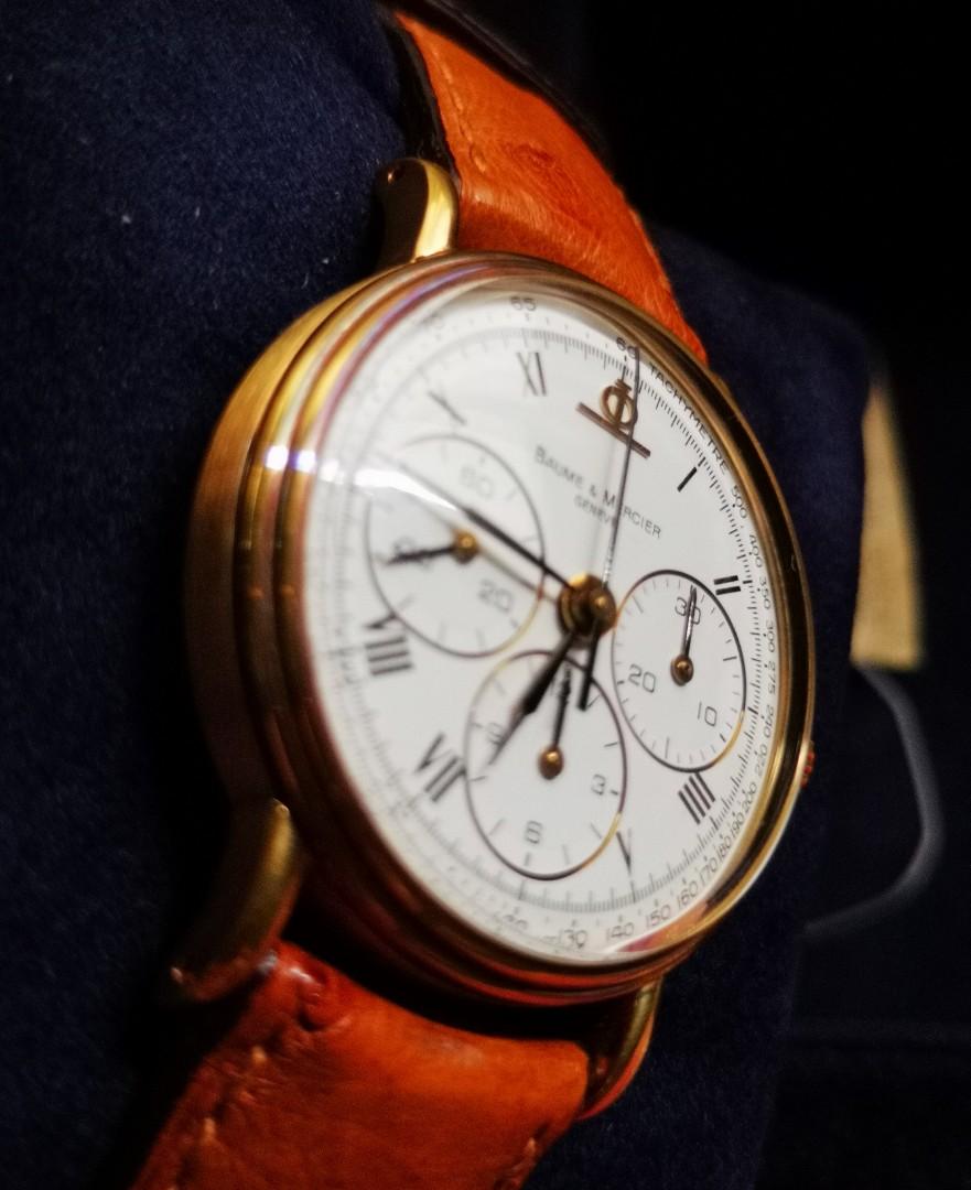 Chronograph Baume et Mercier (Category: Luxury Watches) located in Manila. Submitted by leo.7 (Listing ID 1193095215, Image 2). Description: Excellent condition No marks on the glass or casing. Gender blind, gentleman size, stylish for women 😘 Retro Design Roman numerals on White Dial with Black hands. Chronograph in Yellow 18k Gold Casing 18k Yellow gold Crown and pushers Original Ostrich Strap with yellow gold original buckle. Unisex case 36mm