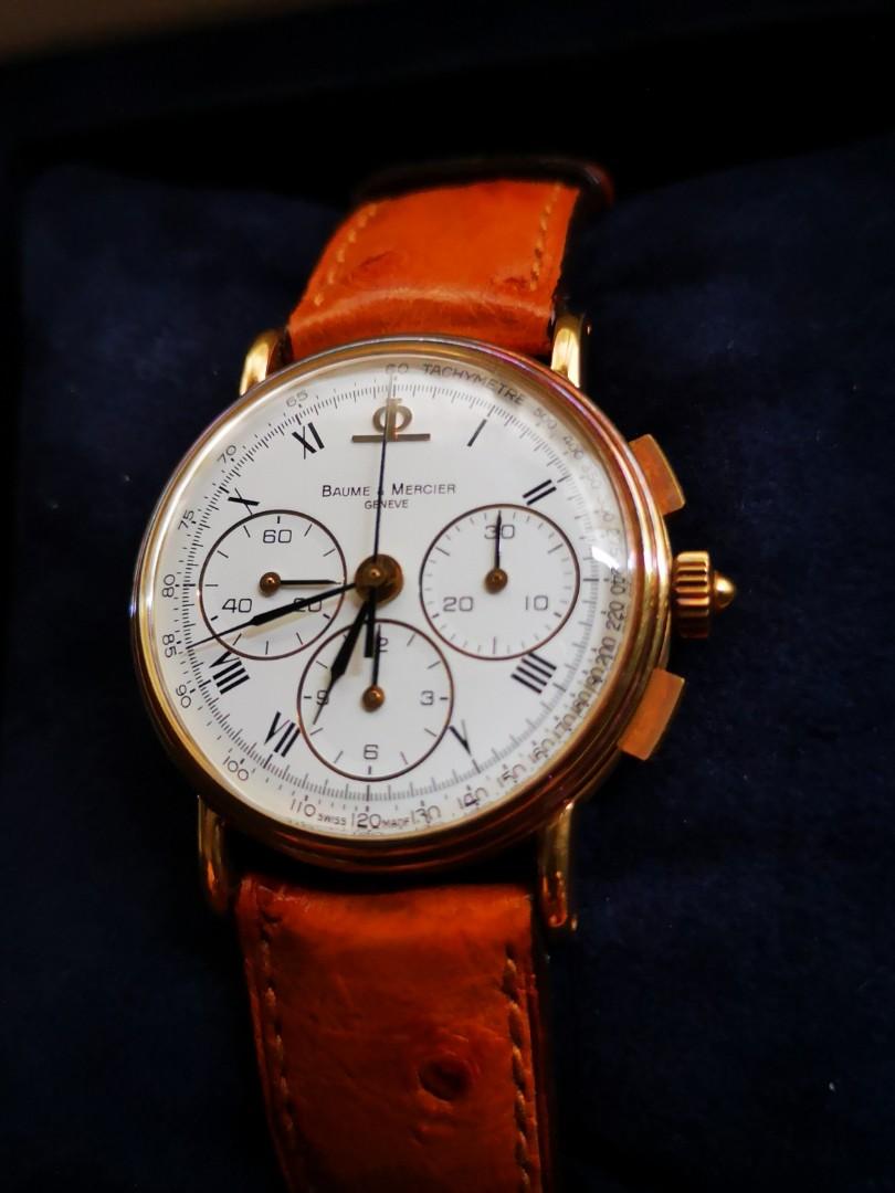 Chronograph Baume et Mercier (Category: Luxury Watches) located in Manila. Submitted by leo.7 (Listing ID 1193095215, Image 1). Description: Excellent condition No marks on the glass or casing. Gender blind, gentleman size, stylish for women 😘 Retro Design Roman numerals on White Dial with Black hands. Chronograph in Yellow 18k Gold Casing 18k Yellow gold Crown and pushers Original Ostrich Strap with yellow gold original buckle. Unisex case 36mm