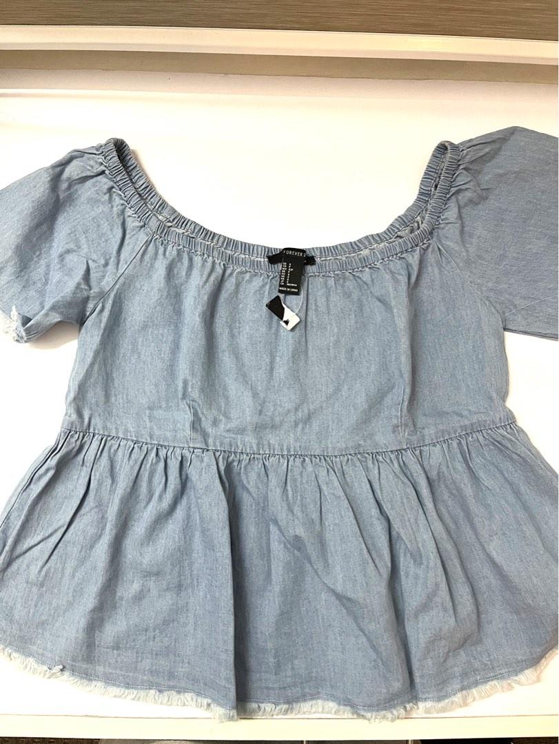 Forever 21 Denim off shoulder top (Category: Blouses) located in Quezon City. Submitted by baloweee (Listing ID 1193158892, Image 1). Description: Tag is torn but item is brand new. Nice fabric! .