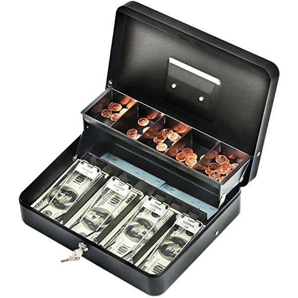 Metal Cash Box with Key Lock (Portable) [Dual Tier] , cash drawer