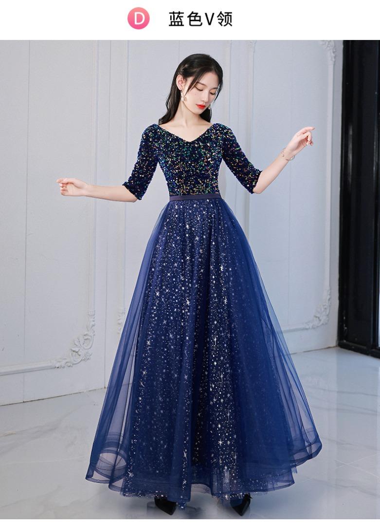 Blue and gold long sleeve prom dress on sale