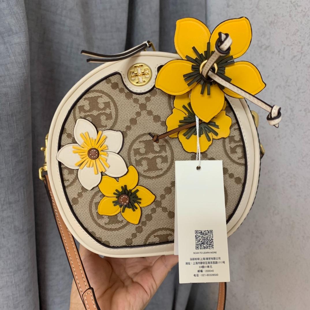 Tory Burch TB special limited edition exclusive goods Unique summer floral applique TMonogram pattern round cake bag shoulder bag side backpack