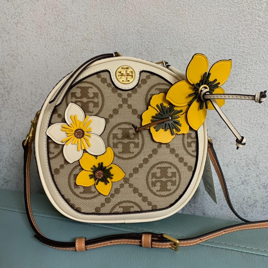 Tory Burch TB special limited edition exclusive goods Unique summer floral applique TMonogram pattern round cake bag shoulder bag side backpack