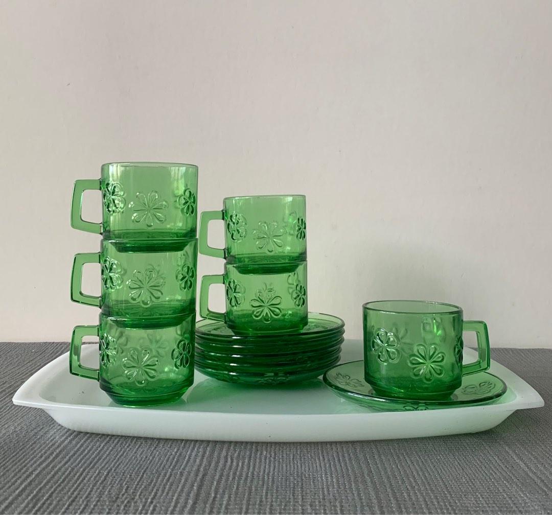 VERECO vintage green glass cups + saucers, Furniture & Home Living