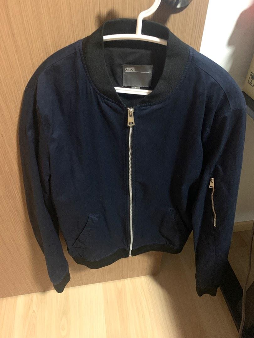 ASOS black blue bomber jacket with silver zip Men s Fashion