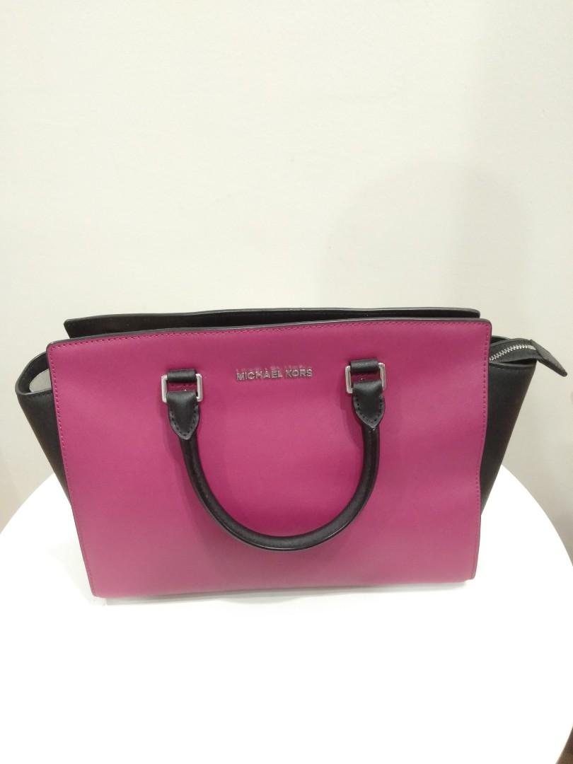 Michael Kors Selma Large TZ Leather Satchel 30T3MLMS7T Deep Pink Black