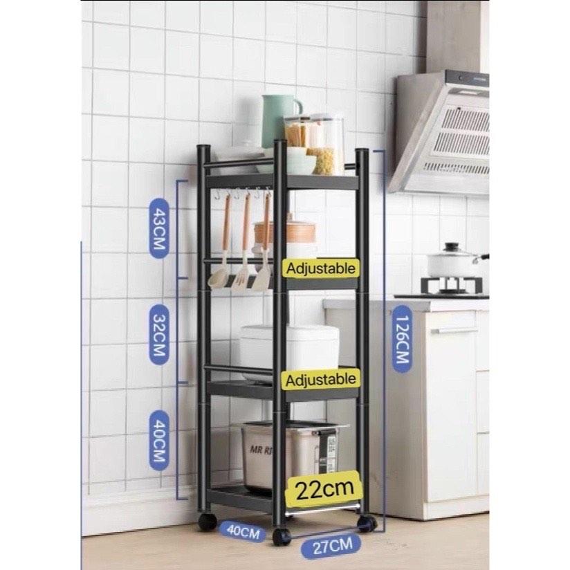 Multi-Tier Movable Kitchen Trolley Storage Rack Space-Saving in Black ...
