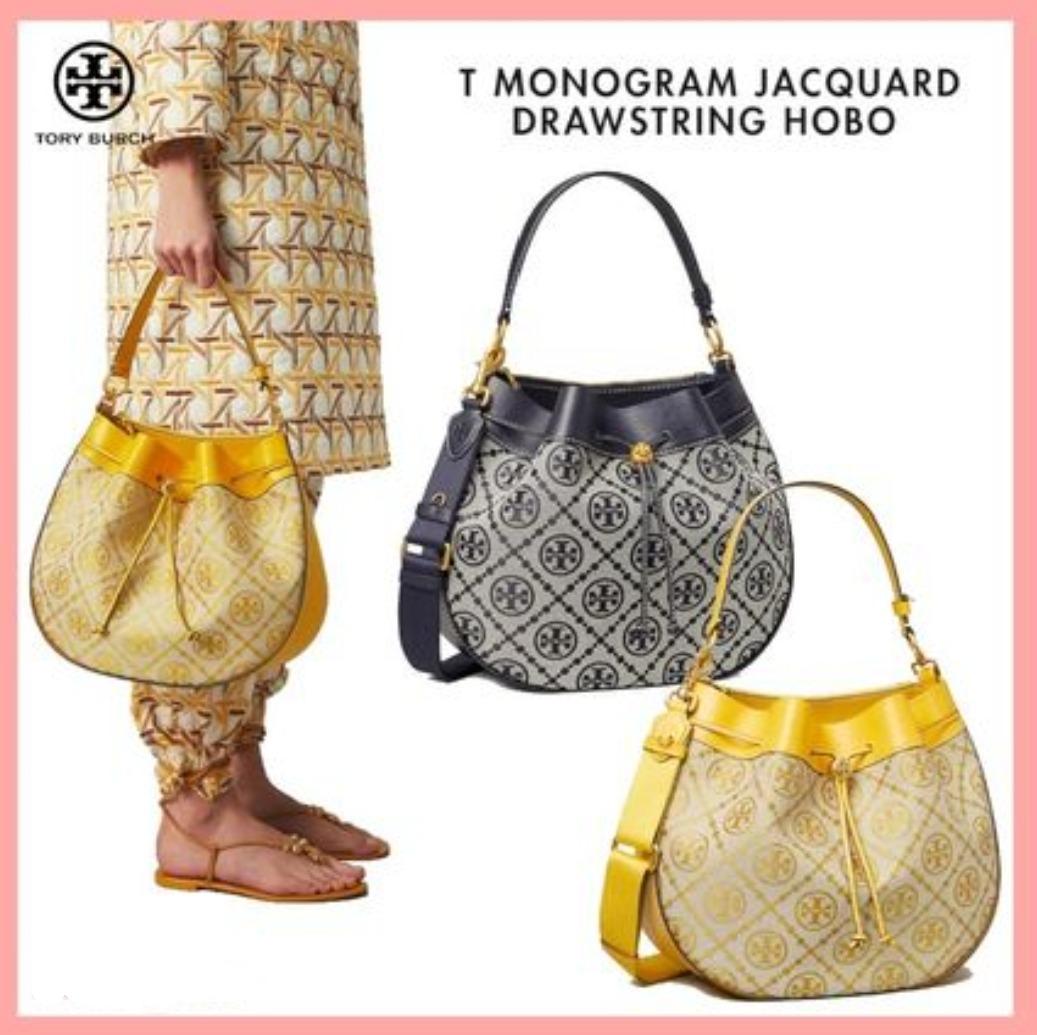 Tory Burch T Monogram Jacquard Drawstring Hobo in Yellow