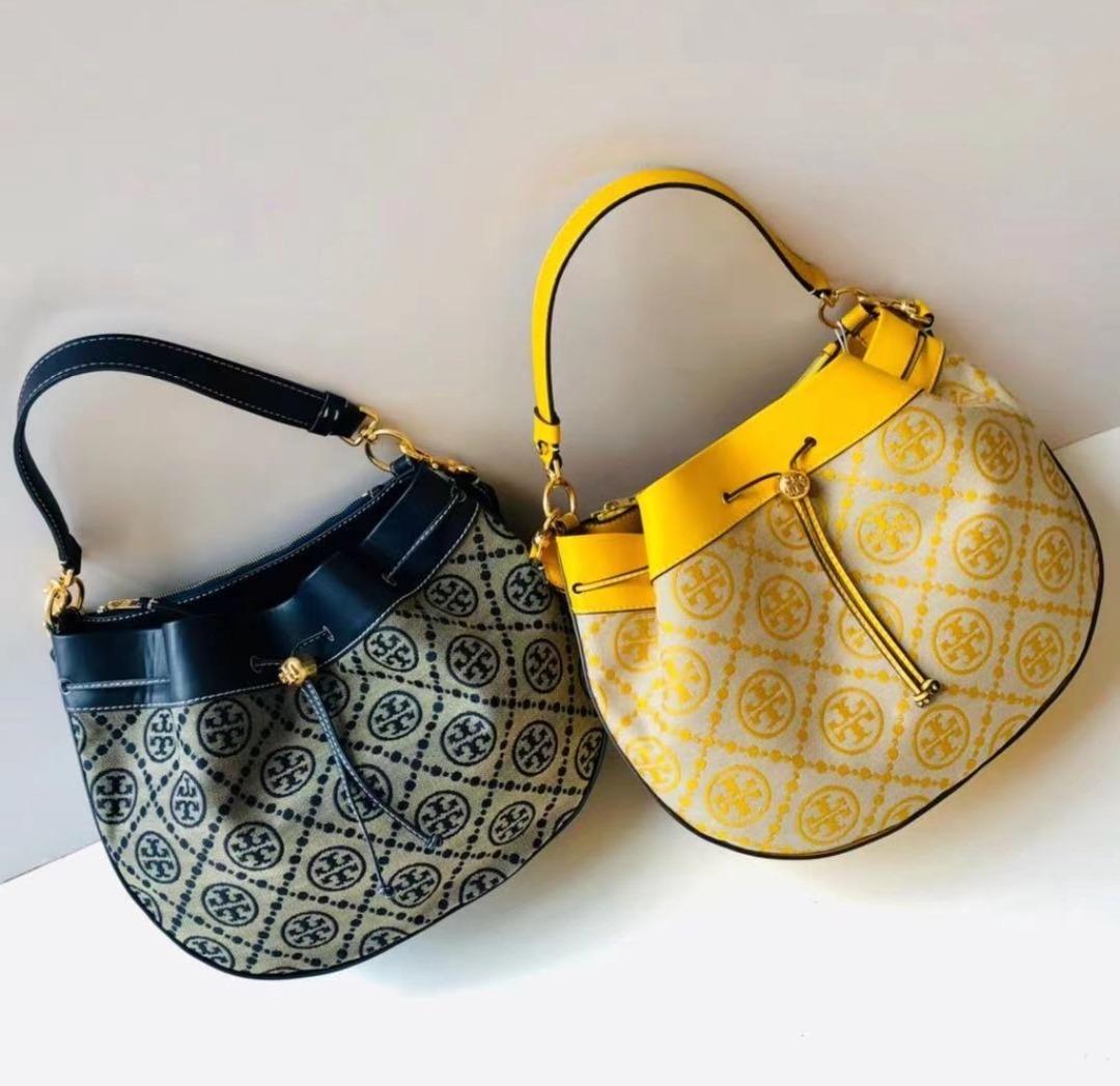 Tory Burch T Monogram Jacquard Drawstring Hobo in Yellow