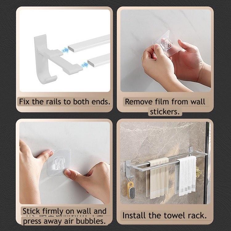 NoDrill Towel Rack Towel Double Rail WallMounted Bathroom Storage