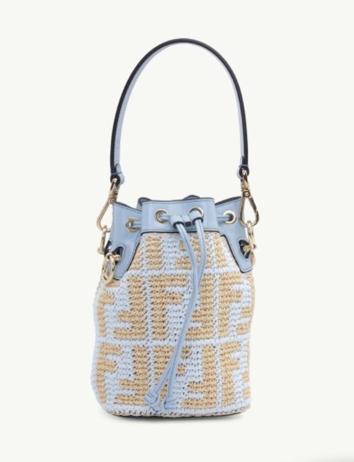 Ready, FENDI Mini Mon Tresor in Beige/Blue Raffia All Over FF Logo Pattern