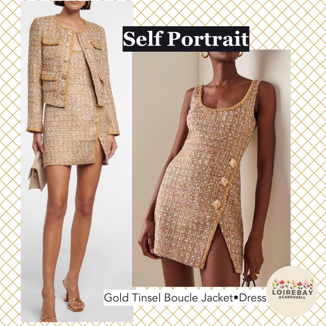 Self Portrait Gold Tinsel Metallic Boucle Jacket, dress, Women's