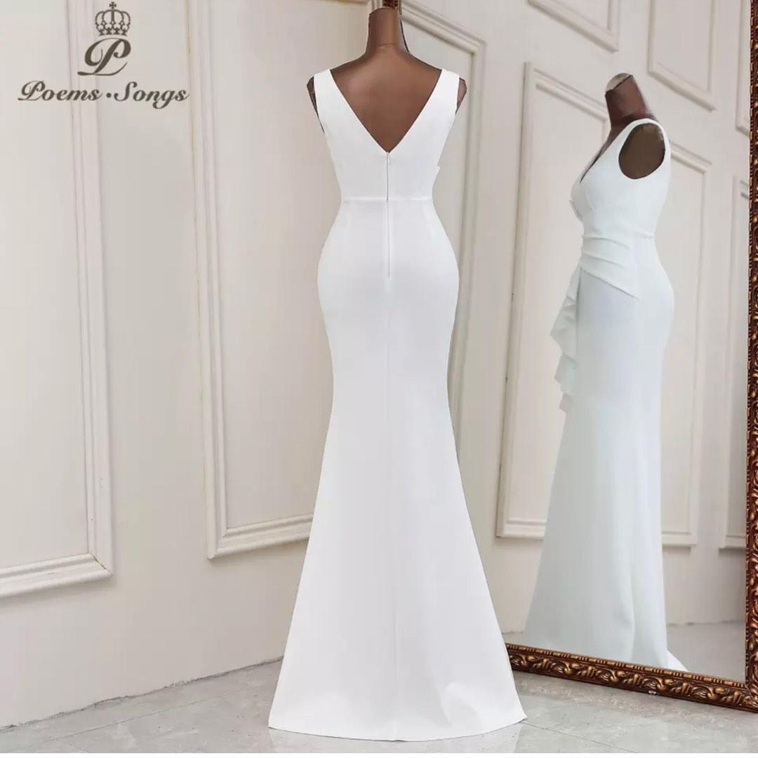 Simple Ivory Satin V Neck Evening Dress,Long Sheath Party Gown Bridesmaid Dress Y8726