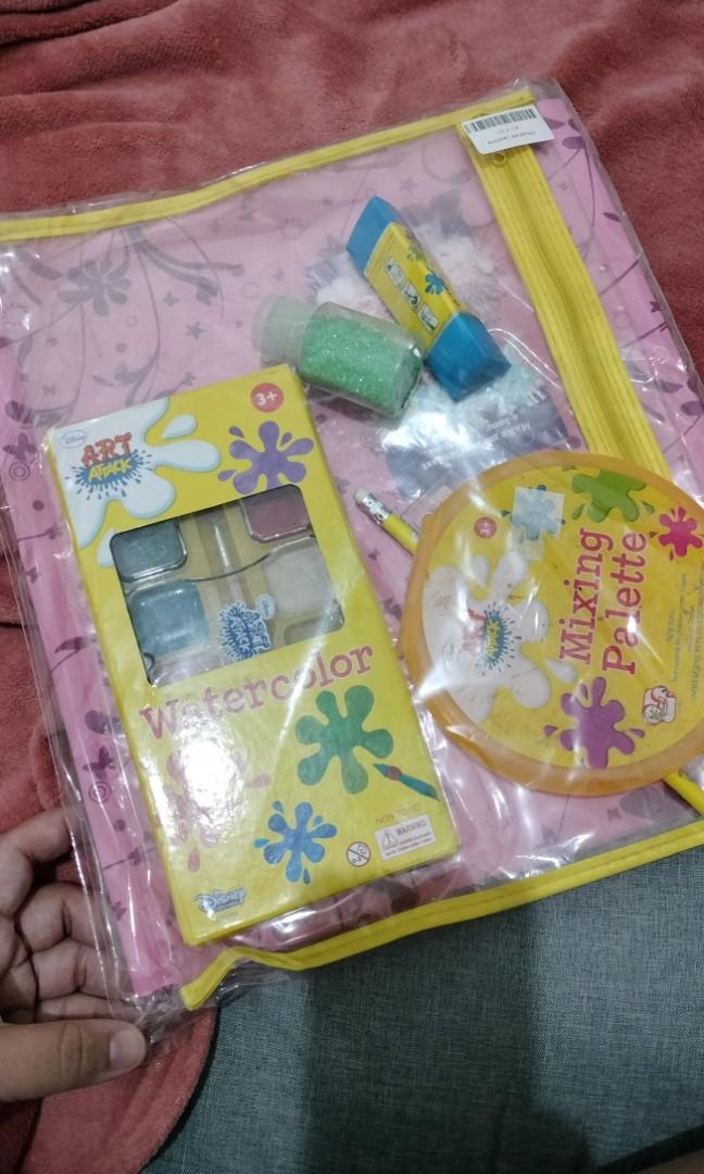 ART ATTACK assorted art supplies (Category: Craft Supplies & Tools) located in Valenzuela. Submitted by joyced1992 (Listing ID 1193495339, Image 2). Description: Package Includes: 1 Watercolor 1 Mixing Palette 1 Pencil 1 Ruler 1 Glue 1 Glitters (Green) 1 Asstd. Ribbon 1 Plastic Envelope Japanese Paper.