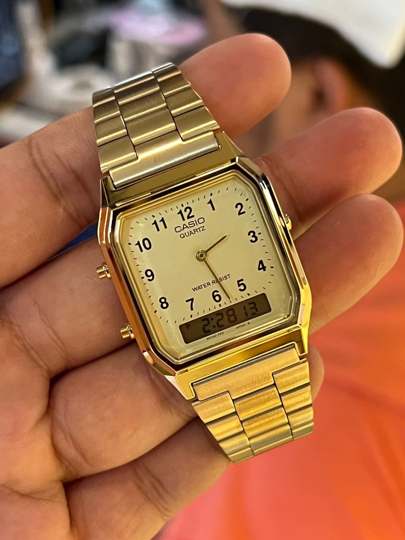 CASIO Analog Digital Gold Stainless Steel Unisex Watch Gold Dial Arabic AQ 230GA 9B Women s Fashion Watches Accessories Watches on Carousell
