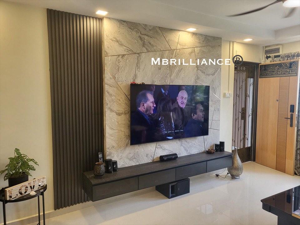 Fluted panel feature wall tv console with stainless steel lining strips