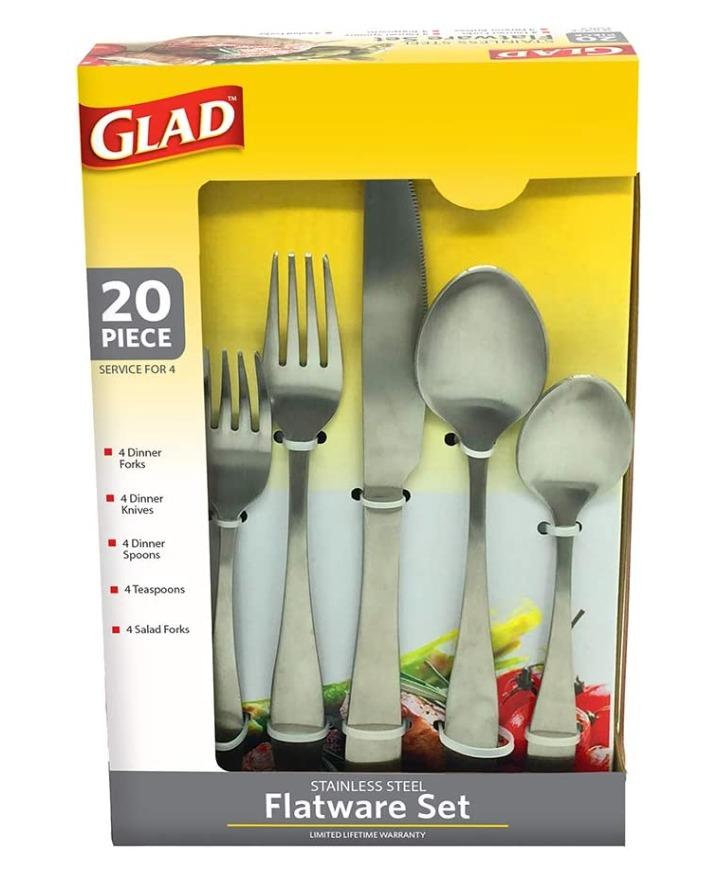 Glad 20-Piece Silverware Flatware Cutlery Set, Satin Finish (Category: Dinnerware & Cutlery) located in Marikina City. Submitted by skowshop (Listing ID 1193478194, Image 2). Description: About this item: Brand Glad Number of Pieces 20 Material Stainless Steel Color Satin Product Care Instructions Dishwasher Safe Finish Type Satin SERVICE FOR 4 – This 20-piece silverware set includes 4 salad forks, 4 dinner forks, 4 dinner knives, 4 dinner spoons