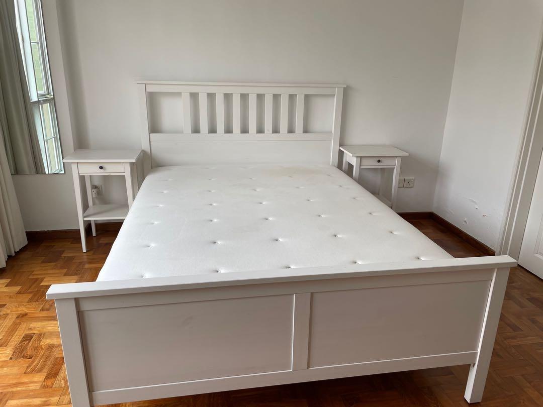 IKEA Queen size bed with mattress + side table, Furniture & Home Living