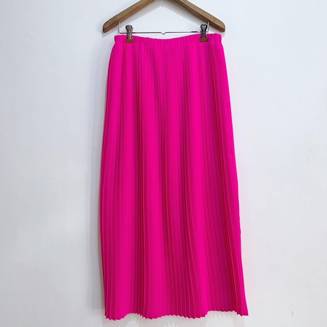 Neon Fluorescent hot Pink Korean electric pleated maxi skirt, Women's ...