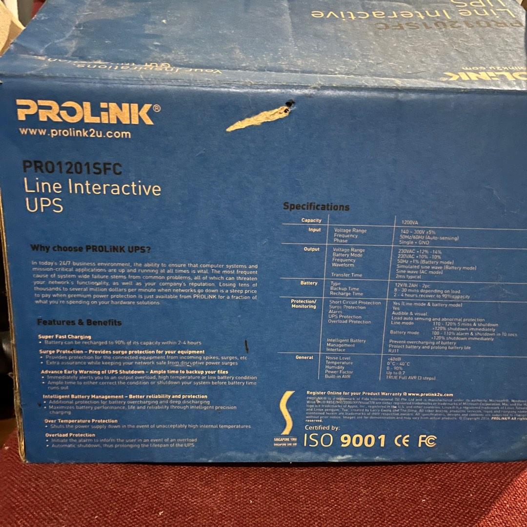 Prolink PRO1201SFC Line Interactive UPS 1200VA (Category: Other Accessories) located in Manila. Submitted by lesssa (Listing ID 1193501518, Image 3). Description: Brand new. Never been used. Box is damaged but the product is brand new. Still working properly. Bought in 2020. Rfs: wrong item PRO1201SFC Capacity 1200VA For a PC that draws roughly 720W Dimension (mm) 320 x 130 x 182 (D x W x H) Weight (kg) 8.2 INPUT Nominal Voltage 230VAC Voltage Ra