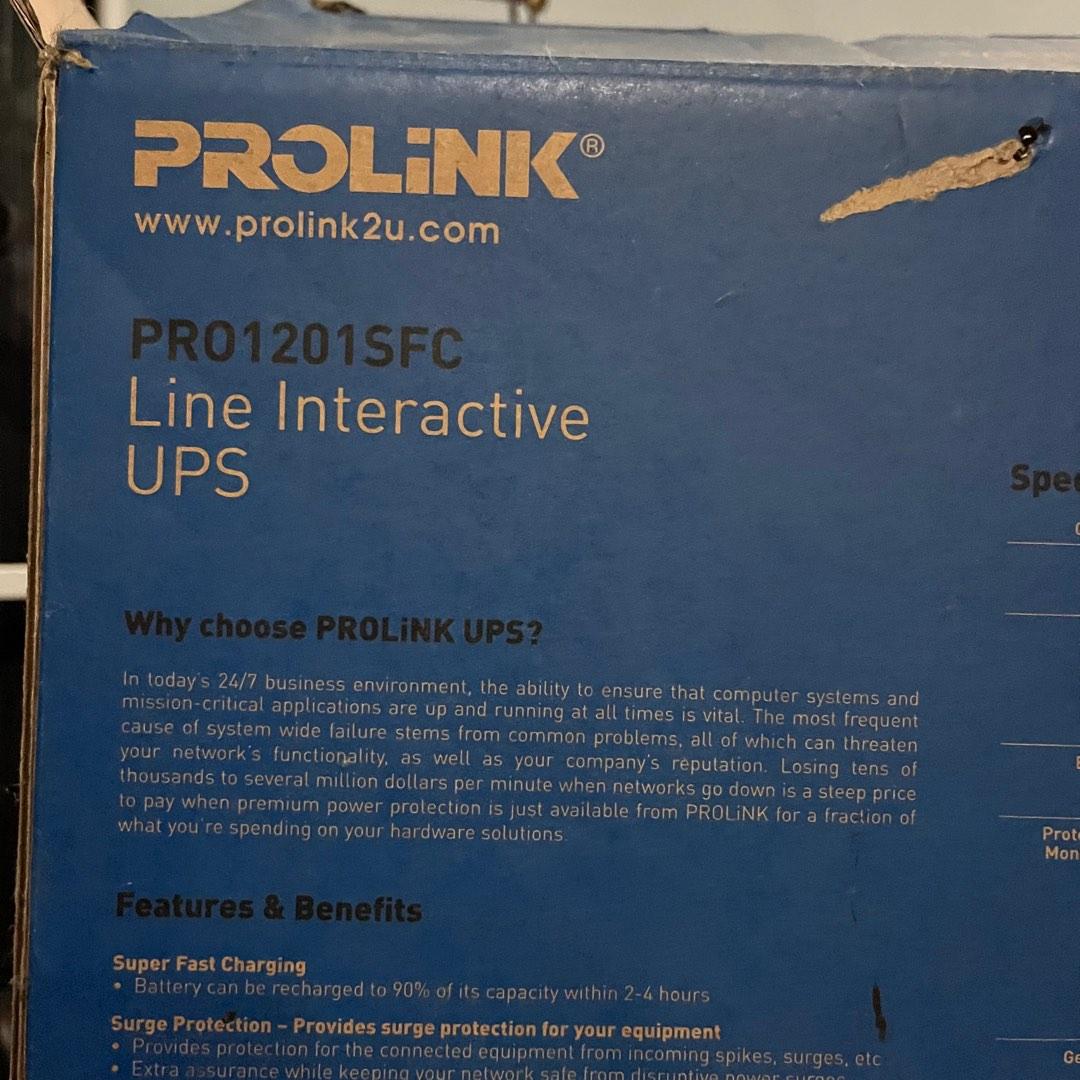 Prolink PRO1201SFC Line Interactive UPS 1200VA (Category: Other Accessories) located in Manila. Submitted by lesssa (Listing ID 1193501518, Image 2). Description: Brand new. Never been used. Box is damaged but the product is brand new. Still working properly. Bought in 2020. Rfs: wrong item PRO1201SFC Capacity 1200VA For a PC that draws roughly 720W Dimension (mm) 320 x 130 x 182 (D x W x H) Weight (kg) 8.2 INPUT Nominal Voltage 230VAC Voltage Ra