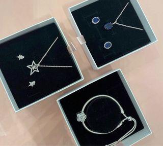 ♥️SUPER SALE PANDORA AUTH BLUE HALO NECKLACE AND EARRINGS SET / STAR ASYMETRIC NECKLACE AND EARRINGS -2800 Per set// SLIDER SNAKE CHAIN BRACELET with SNOWFLAKES CHARM SER-2900
