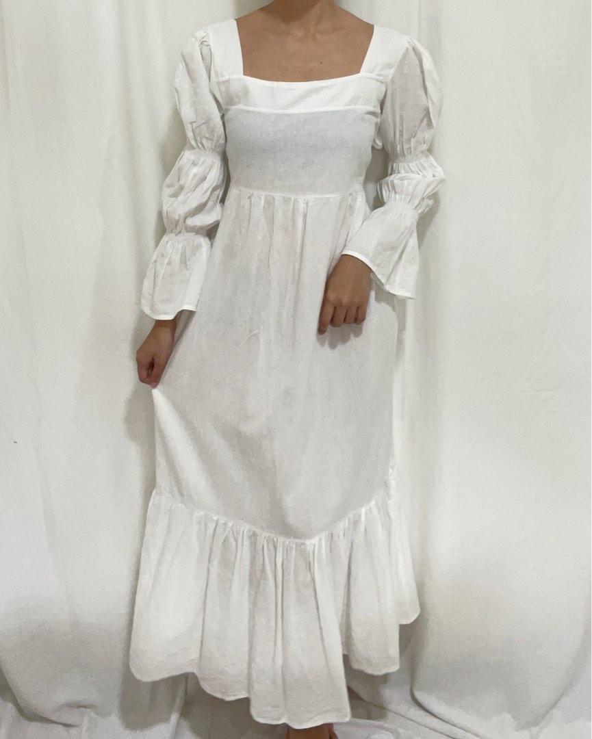 White Puff Sleeve Jersey Poplin Mix Maxi Dress