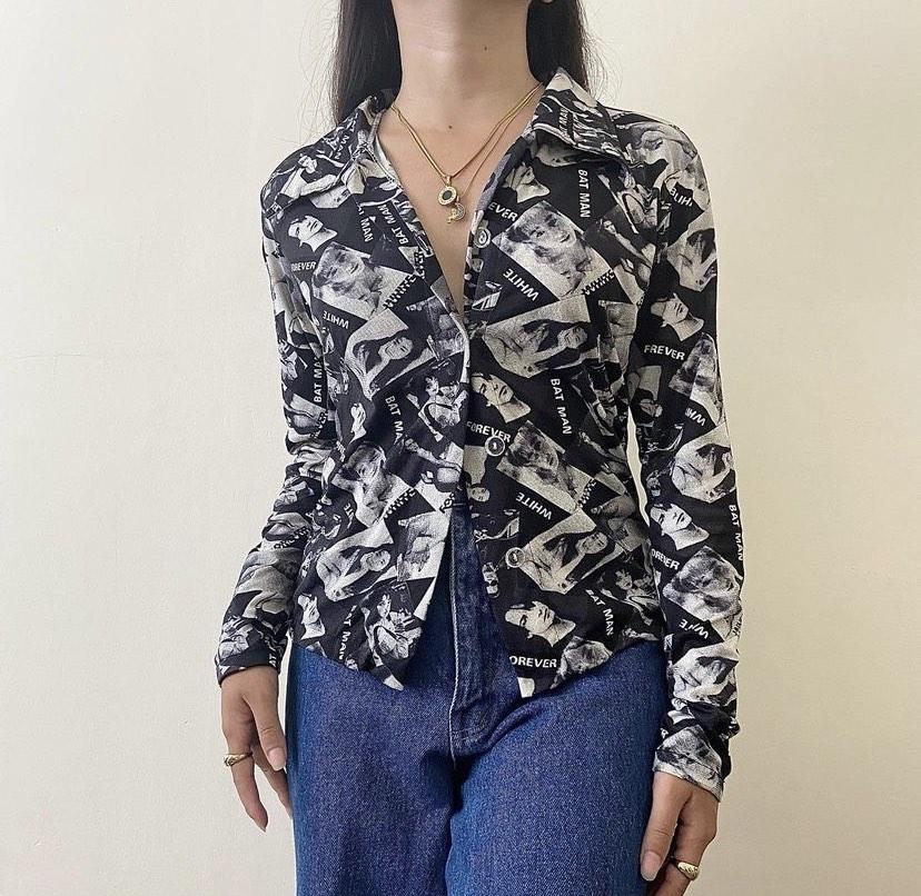 Y2k graphic button down //// y2k cyberpunk graphic bella hadid insp