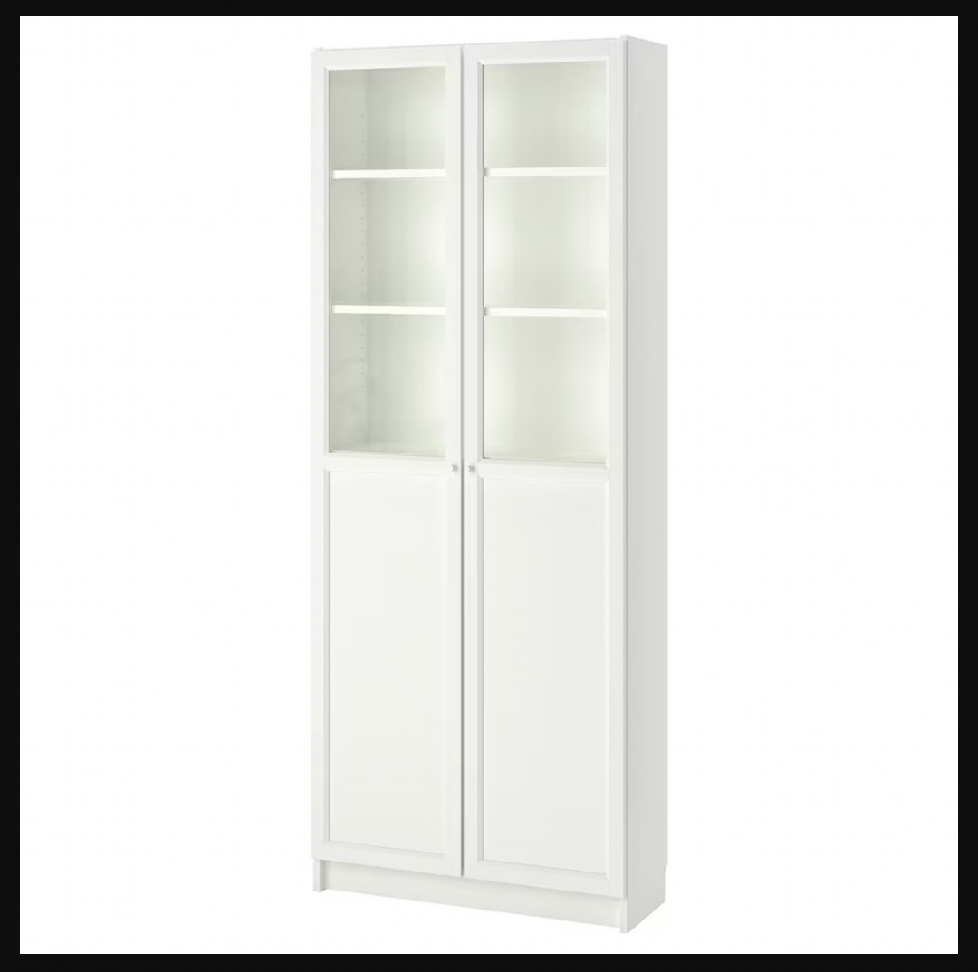 2 White BILLY / OXBERG Bookcase with panel/glass doors, Furniture