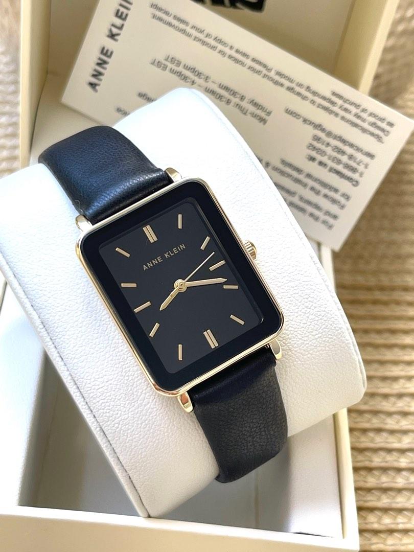 Anne Klein US Rectangle Black Leather Gold tone Hand Marker Women s Watch Arrived from US