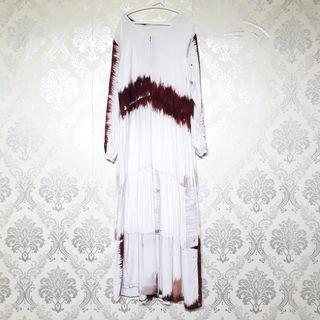 Dress Bali Lengan Panjang Motif Putih Maroon Sleting Bertali Gaun Panjang Wanita