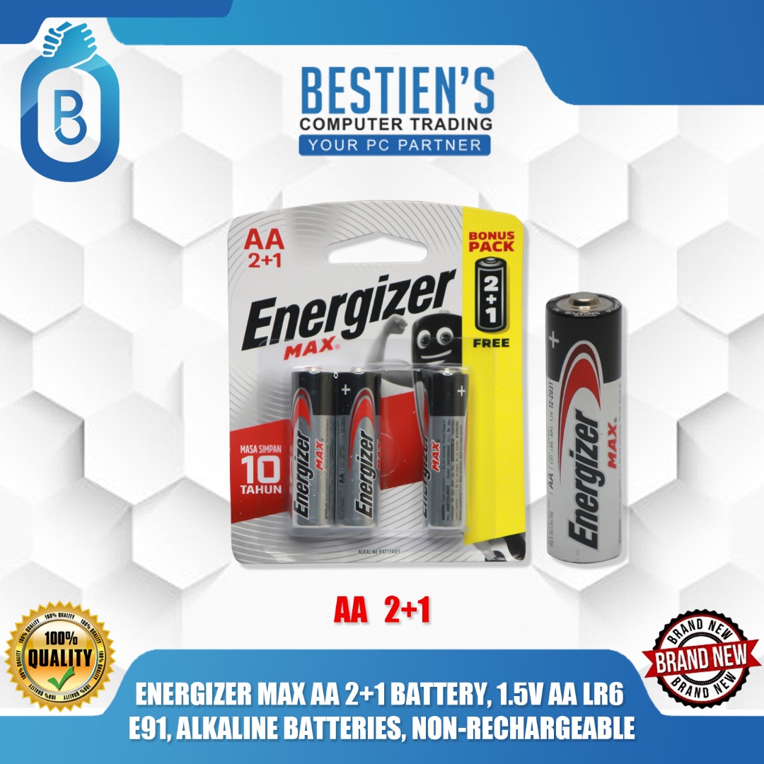 ENERGIZER MAX AA 2+1 BATTERY, 1.5V AA LR6 E91, ALKALINE BATTERIES, NON