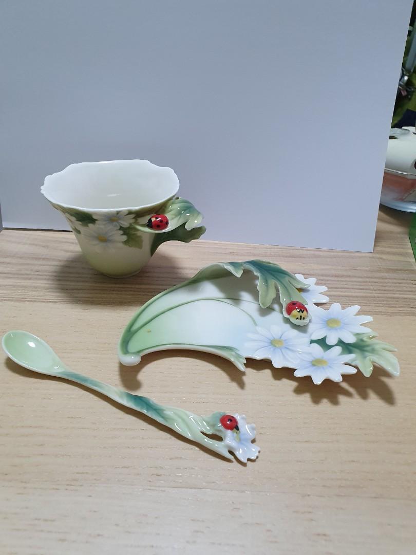 FRANZ Porcelain Ladybug cup saucer spoon set, Furniture & Home Living