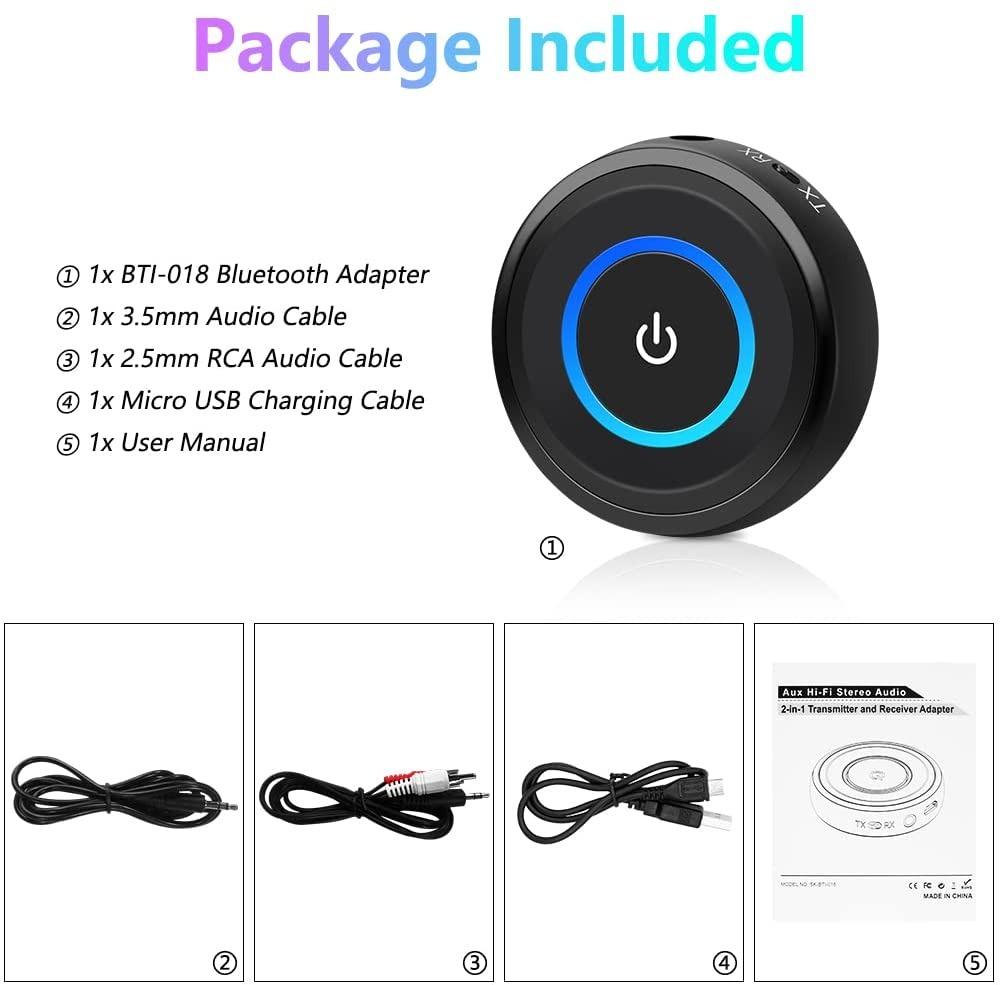 Golvery Bluetooth 5.0 Transmitter and Receiver 2 in 1 Wireless Bluetooth AUX Adapter for TV PC CD MP3 Xbox PS4 Home Theater Speaker w 3.5mm AUX and RCA Jack Low Latency Audio 2 Devices Pairing