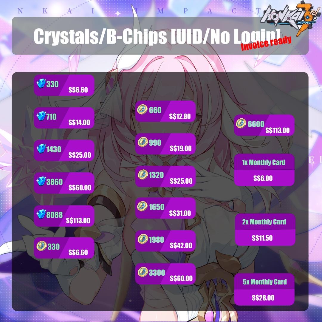 [HI3] Honkai Impact 3 Crystals and BChips TopUp Invoice Ready UID TopUp SEA , Video