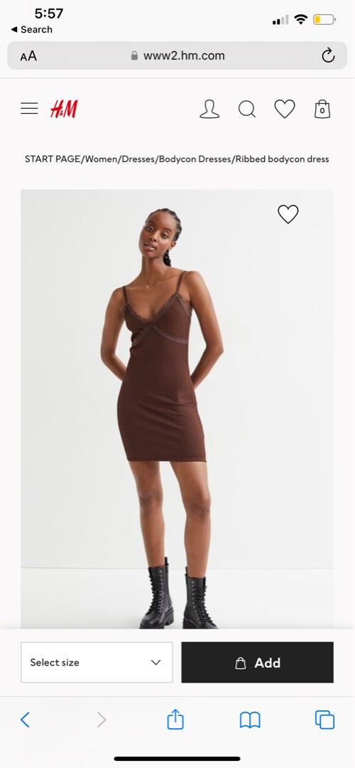 H M Ribbed Bodycon Dress with Lace Trim in Brown Women s Fashion Dresses Sets Dresses on Carousell