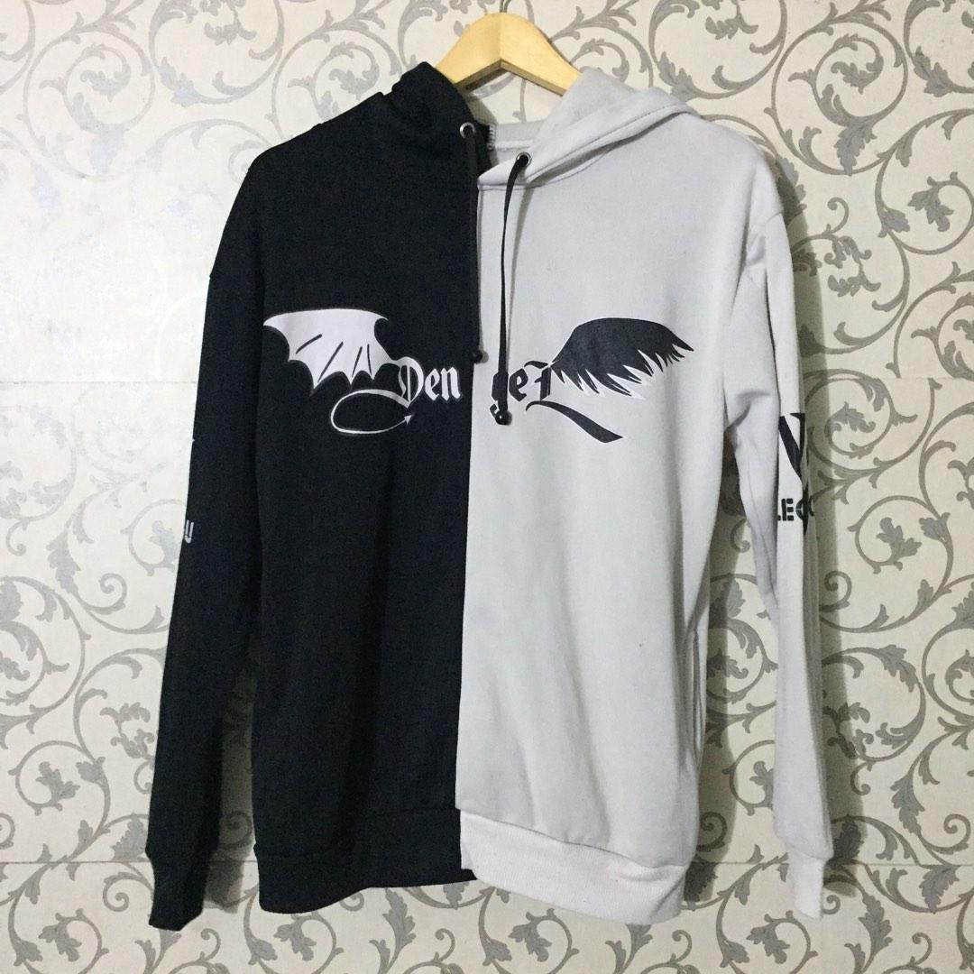 Hoodie Half Color Two Color Colors BW Black White Hitam Putih Monochrome  Angel Wing Lucifer Size S M Unisex