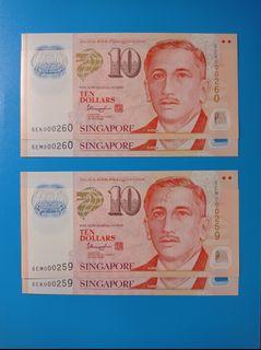 Singapore $10 Identical Low Serial number  UNC Notes