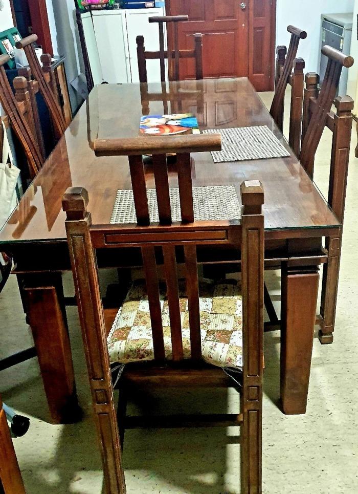 Indonesian Hardwood dining table with glass cover (5mm) and 6 chairs