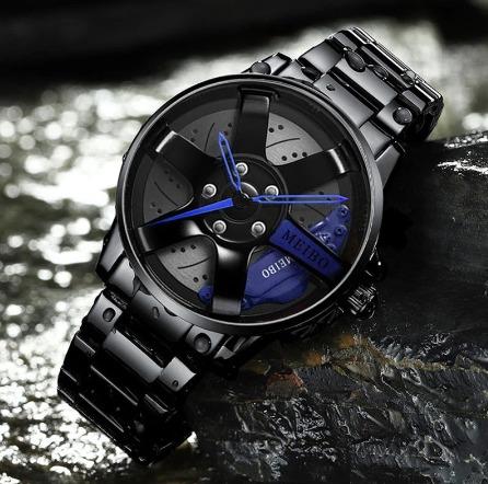 Men Quartz Watch for Waterproof Vacuum Plating Strap with Car Wheel Rim Hub Design Sport Automatic Wristwatch