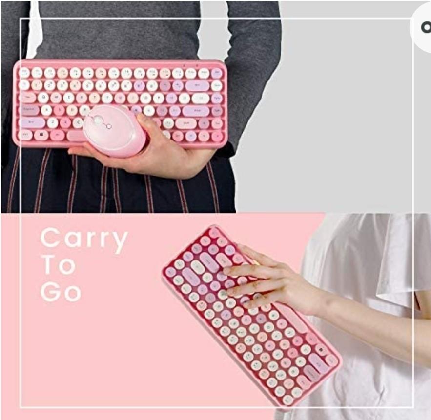 Tastiera E Mouse Wireless Perixx Rosa - Stile Retrò Con Tasti Rotondi - Foto 2