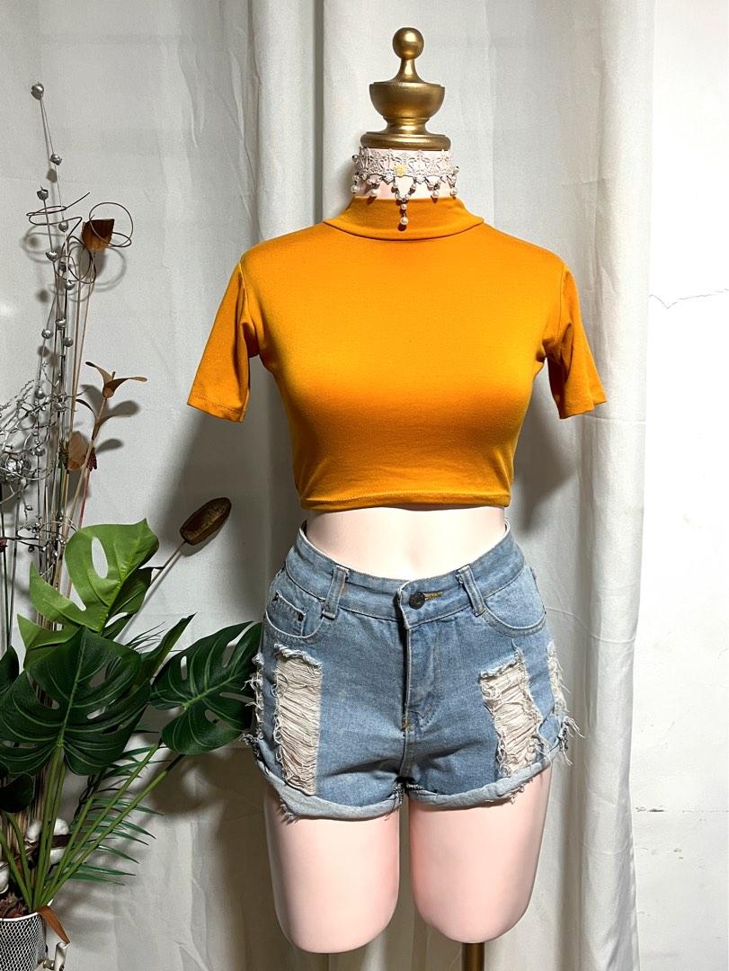 Plain Mustard Yellow turtle neck crop top, Women's Fashion, Tops