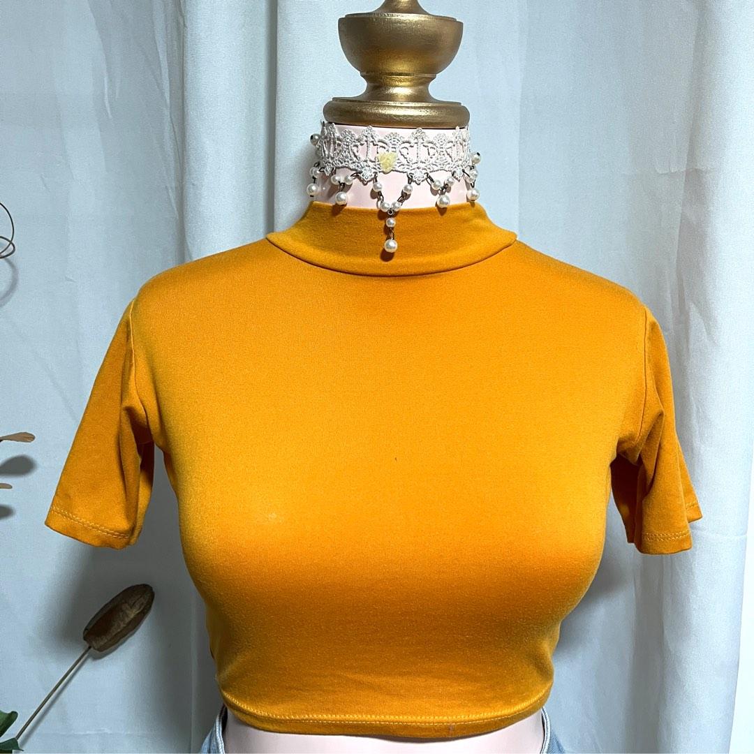 Plain Mustard Yellow turtle neck crop top, Women's Fashion, Tops