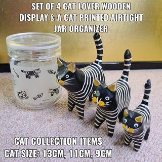 SET OF 4 CAT LOVER WOODEN DISPLAY & A CAT PRINTED AIRTIGHT JAR ORGANIZER