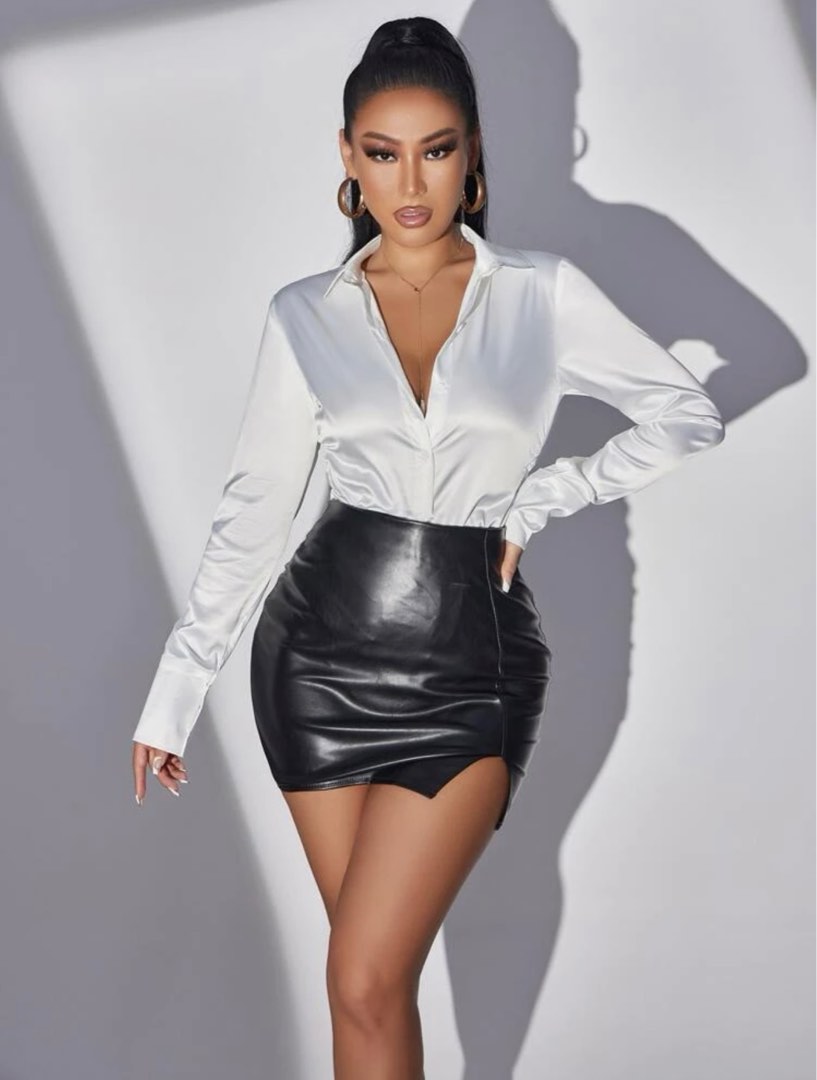Sexy Solid Button Front Satin Blouse, Women's Fashion, Tops, Longsleeves on  Carousell