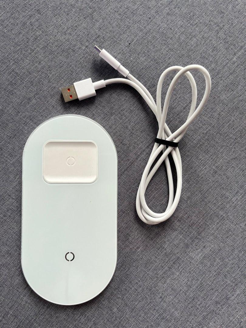 SLIGHTLY USED Baseus Qi Dual Wireless Charger with Type-C Data Cable (Category: Chargers & Cables) located in Mandaluyong City. Submitted by eihnah (Listing ID 1188476507, Image 1). Description: SLIGHTLY USED Baseus Qi Dual Wireless Charger with Type-C Data Cable Material: Aluminum alloy + tempered glass + PC Color: White Interface: Type-C input Input current: DC 9V/2A MAX Size: about 160mm*80mm*7.3mm Thinness: about 8mm Features: Fast Wireless C